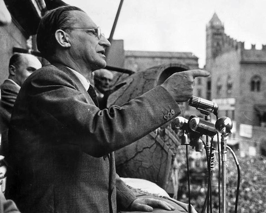 De Gasperi delivers a speech to the crowd in Bologna, 1951