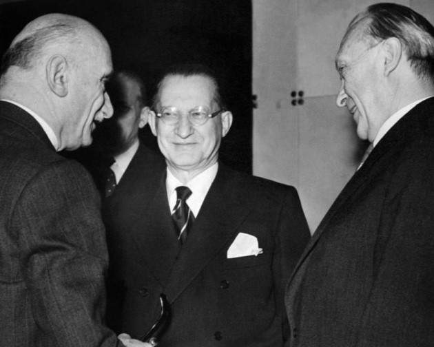 (left to right) Robert Schuman, Alcide De Gasperi and Konrad Adenauer