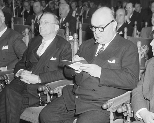 Alcide De Gasperi and Paul-Henri Spaak at a international conference, Netherlands, 1953