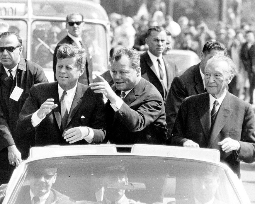 (left to right) John F. Kennedy, Willy Brandt and Adenauer, during sightseeing tour through Berlin, 1963