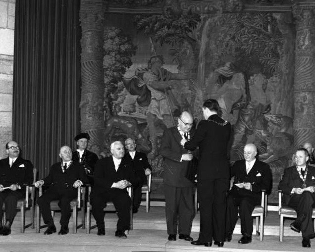 Paul-Henri Spaak conferred the Charlemagne Prize, 1957