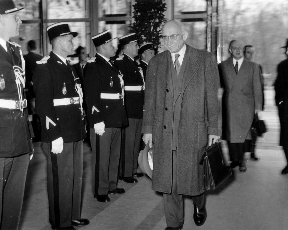 Robert Schuman arrives to preside over the first meeting of the European Parliamentary Assembly, Strasbourg, the 19th of March 1958